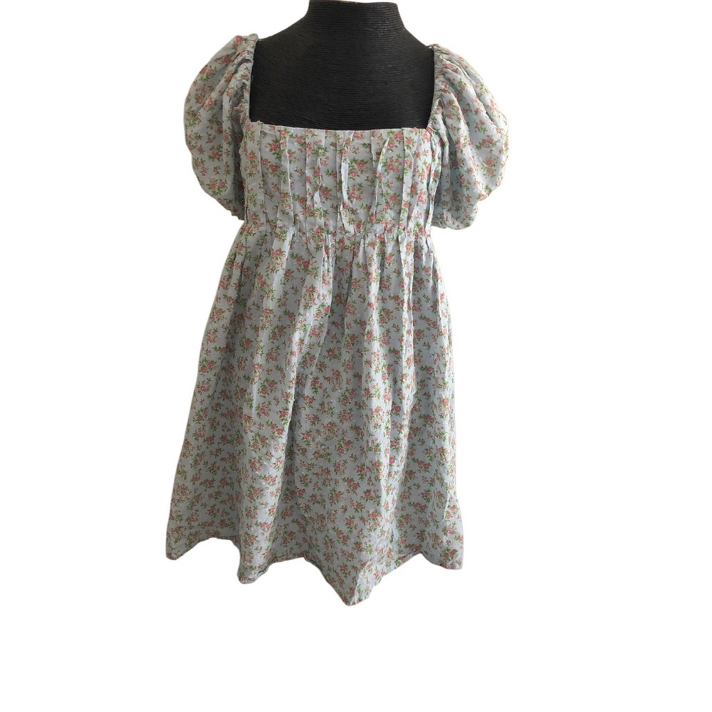 Floral Puff-Sleeve Dress in Light Blue